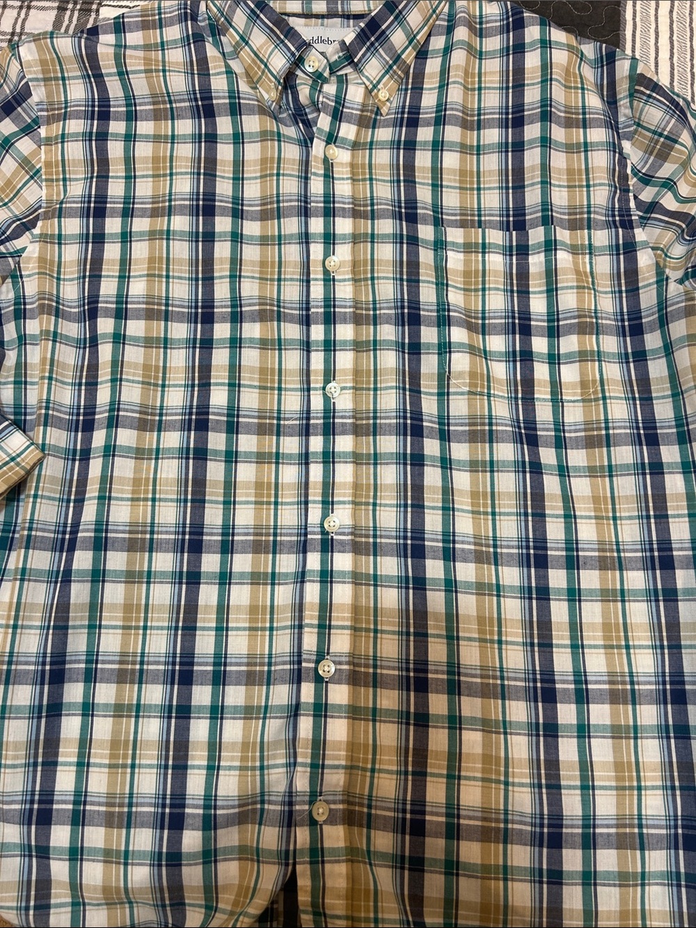 Saddlebred Plaid Button-Down Shirt in Navy, Green & Tan